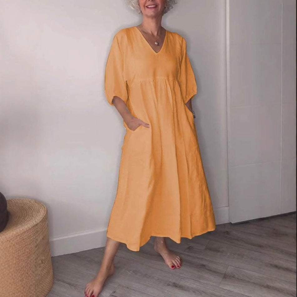 V-Neck Cotton-Linen Three-Quarter Sleeve Maxi Dress