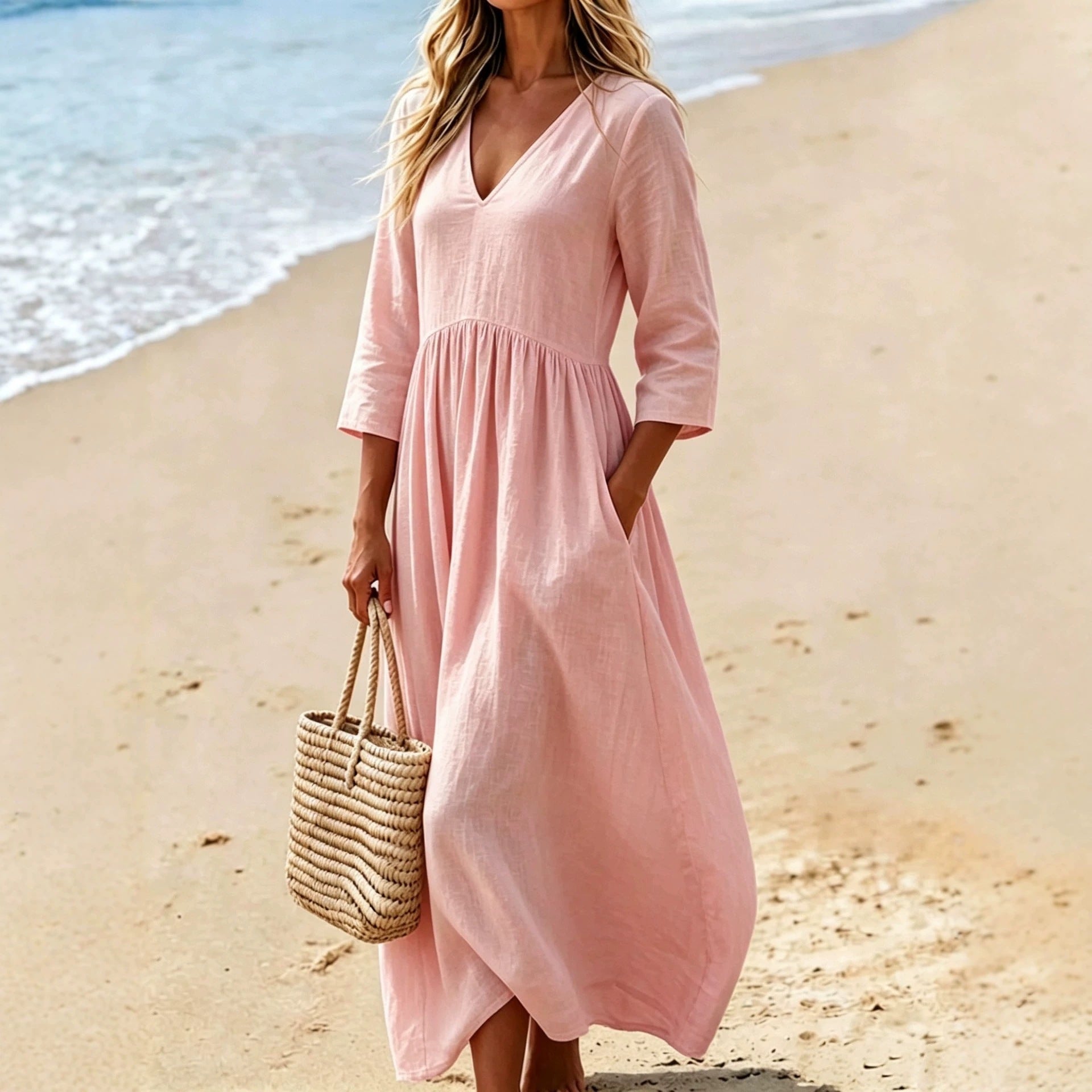 Deep V-Neck Three-Quarter Sleeve Maxi Dress