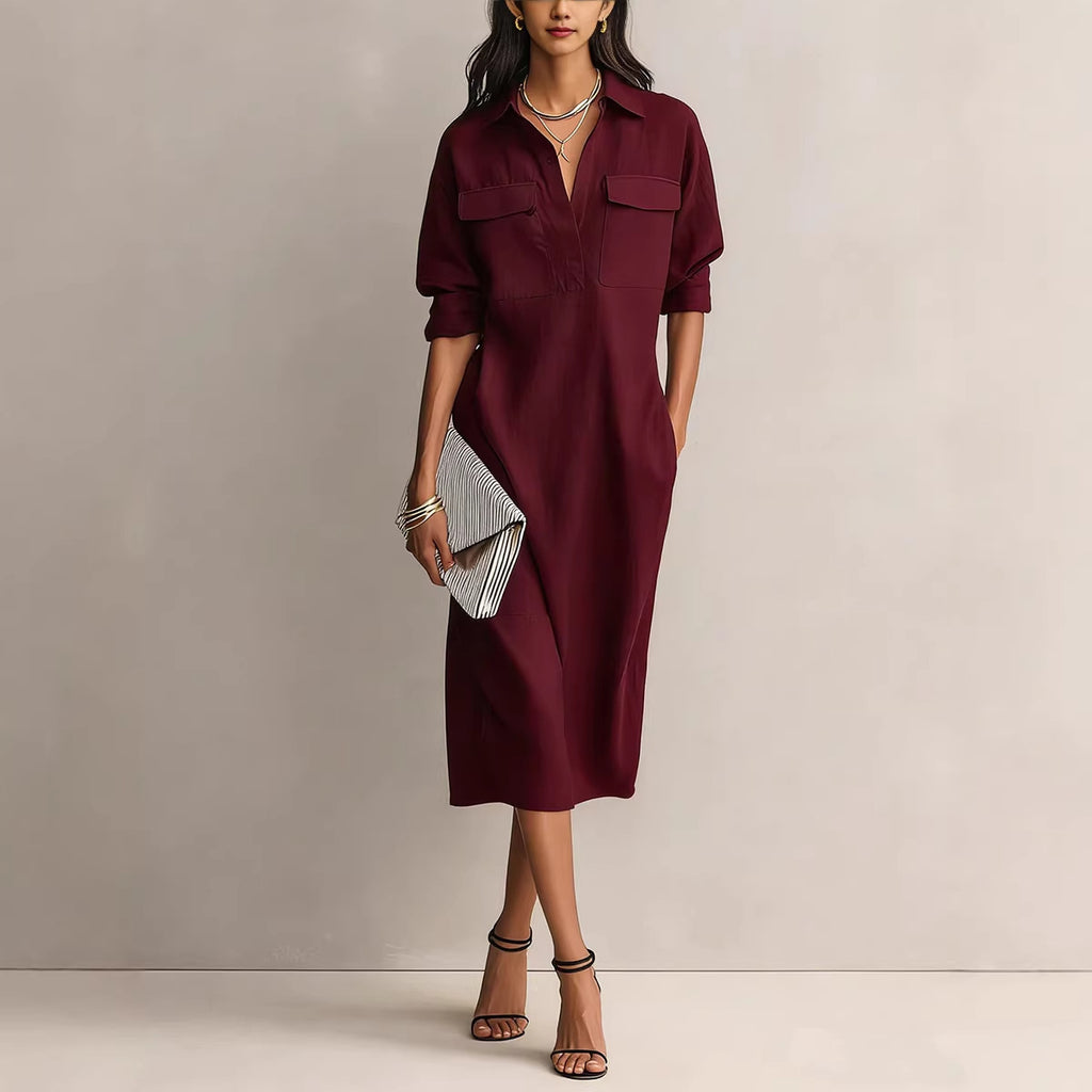 Shirt-Collar Short-Sleeve Midi Dress