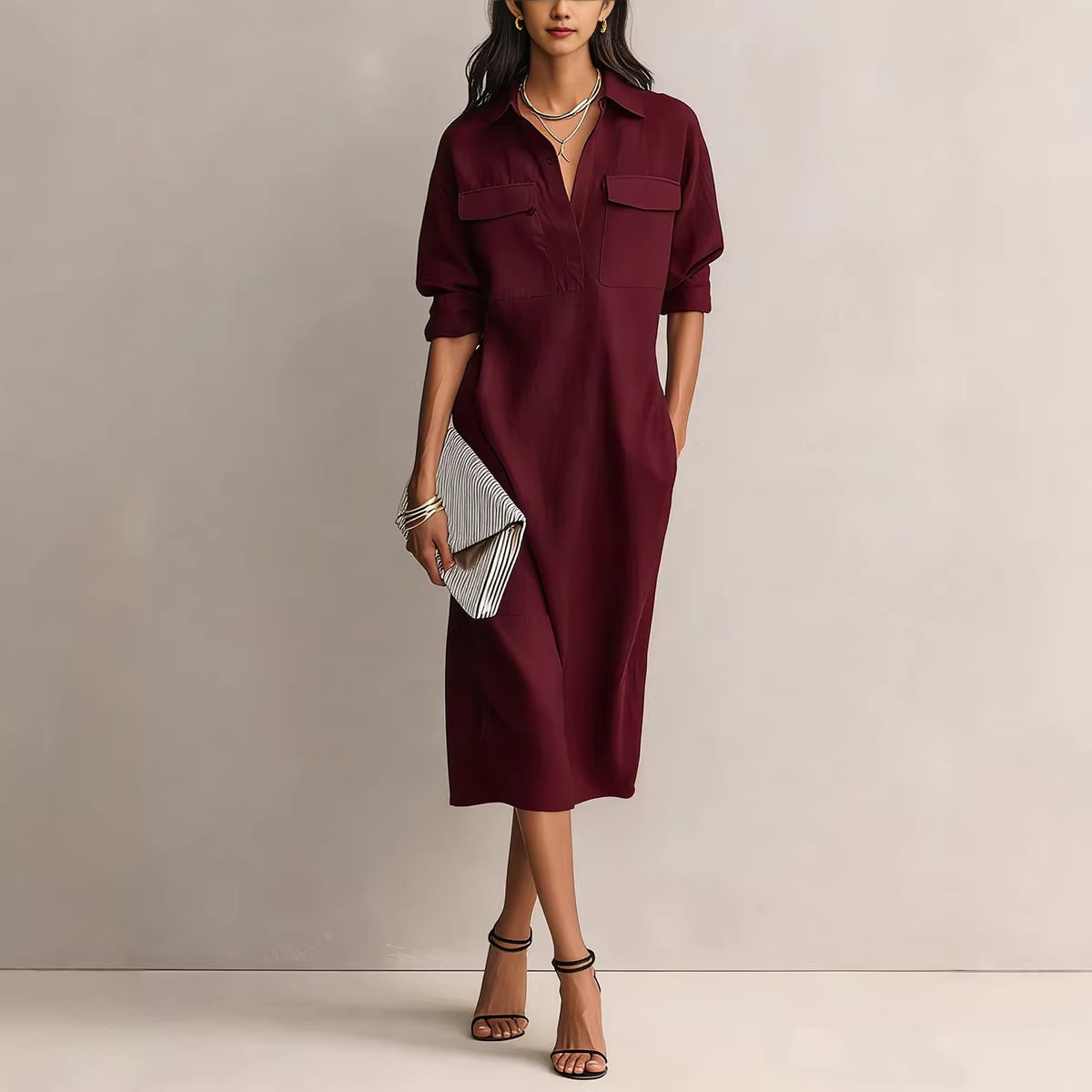 Shirt-Collar Short-Sleeve Midi Dress