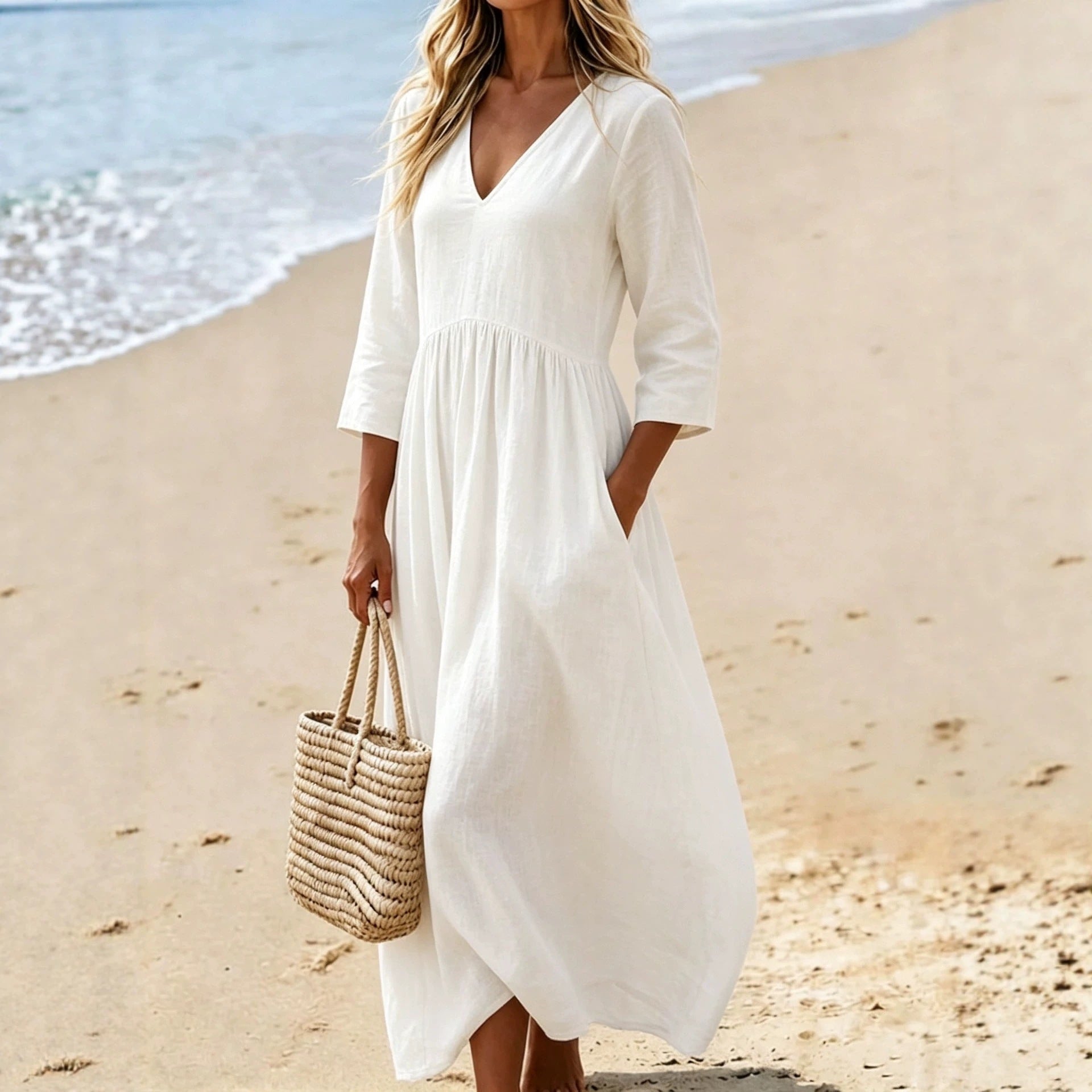 Deep V-Neck Three-Quarter Sleeve Maxi Dress