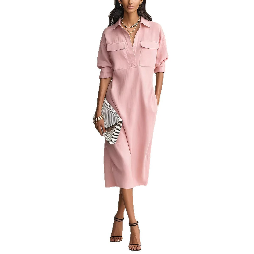 Shirt-Collar Short-Sleeve Midi Dress