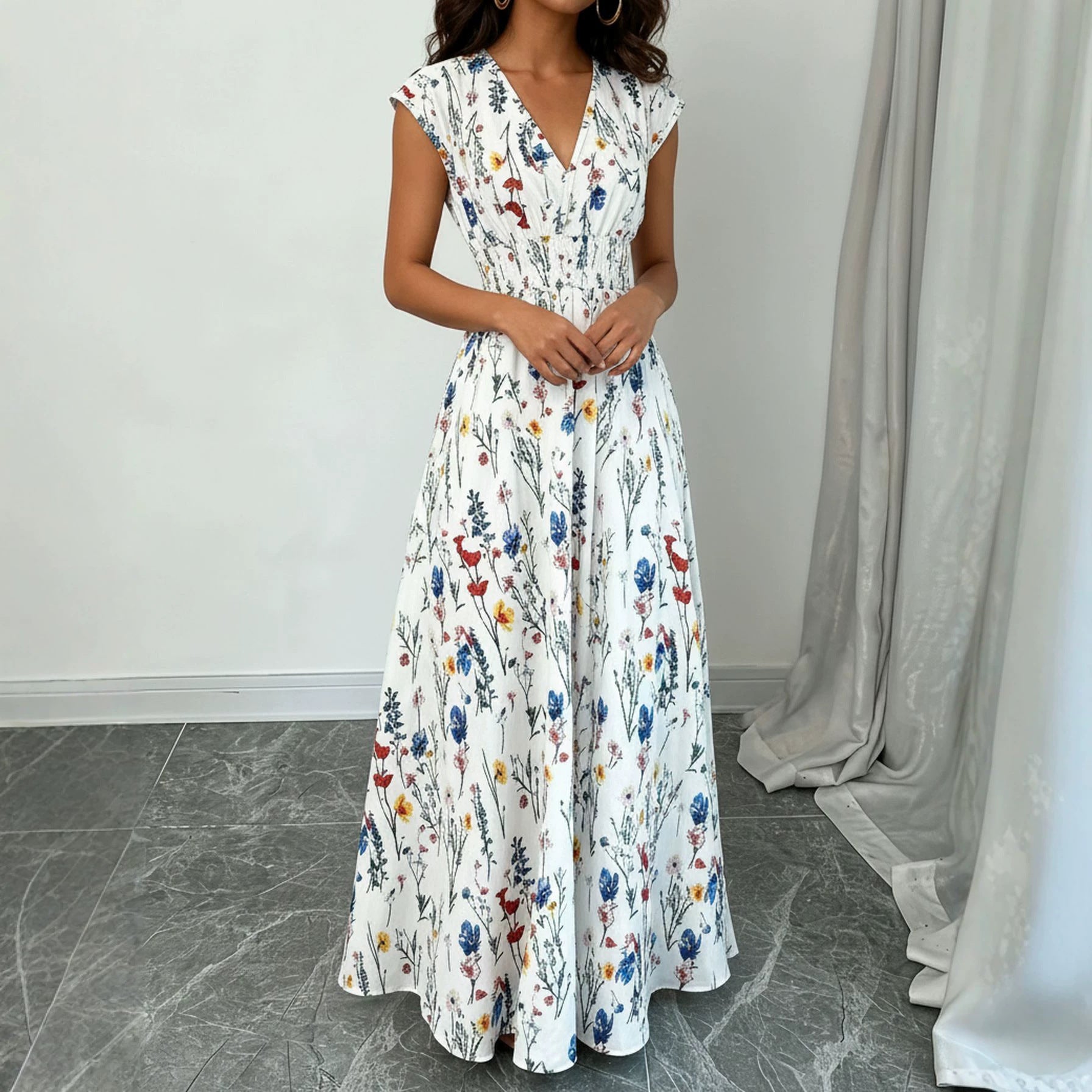 White Floral V-Neck Lace-Up Maxi Dress
