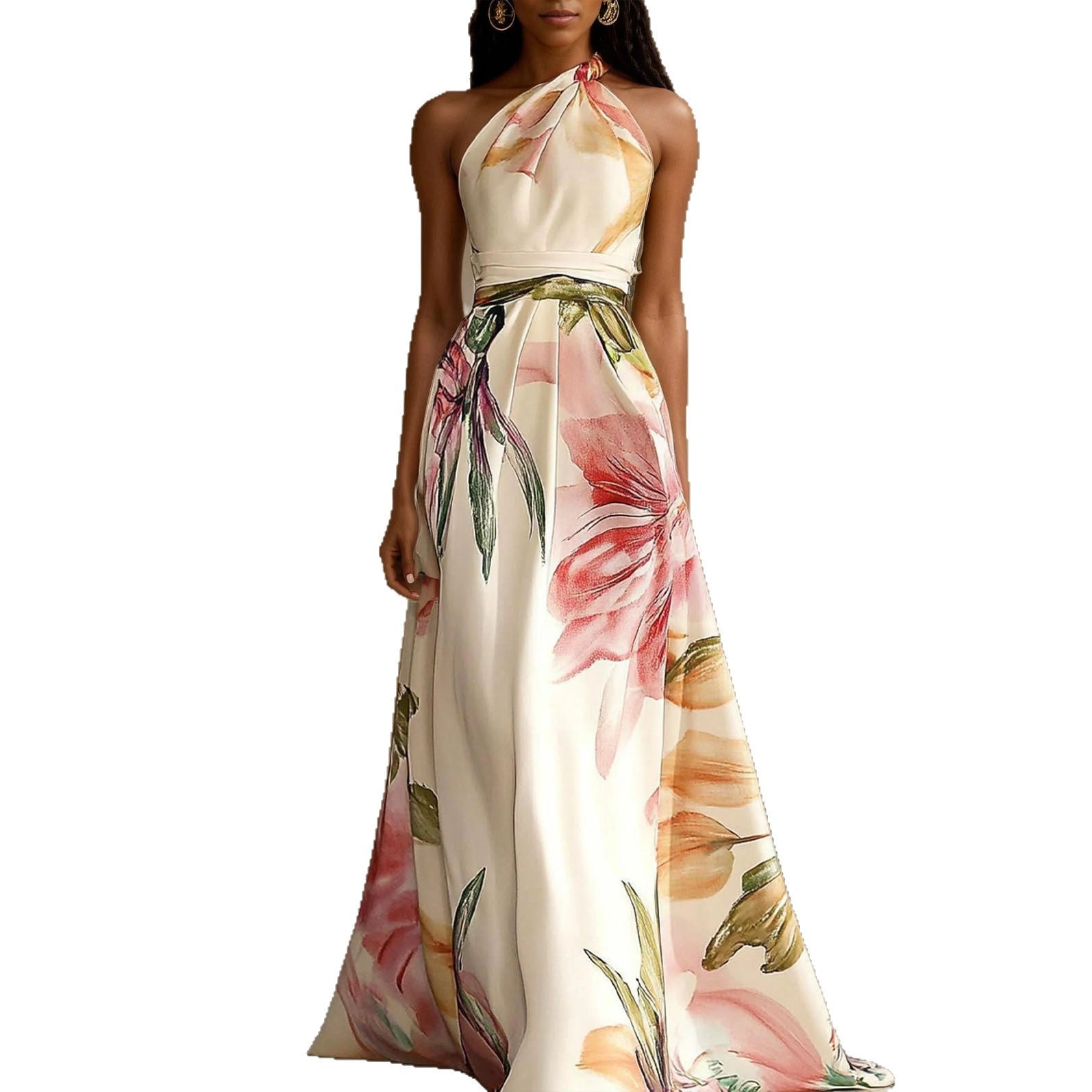 Apricot Asymmetric-Neck Sleeveless Maxi Dress