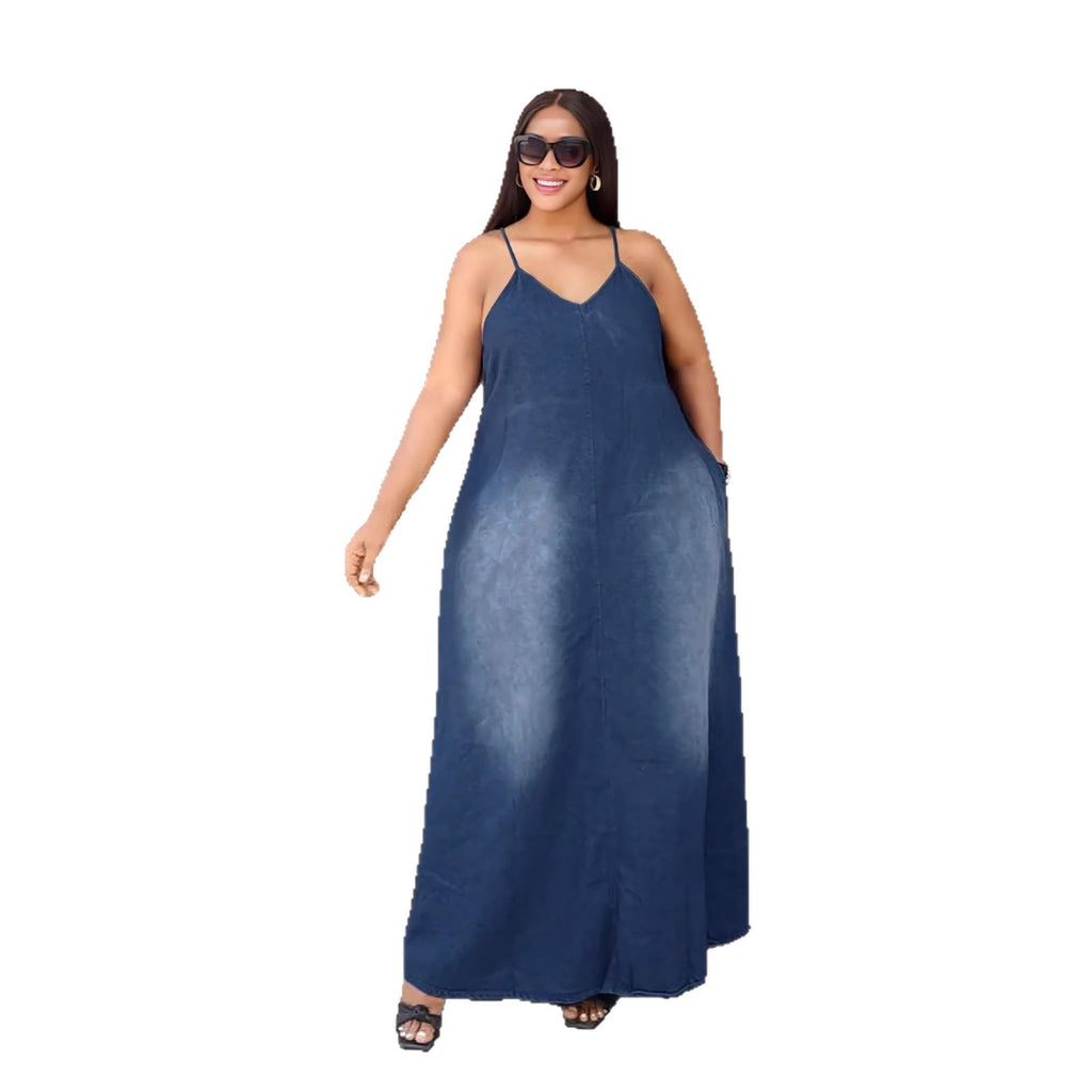Cotton Denim Strap Maxi Dress with Pockets
