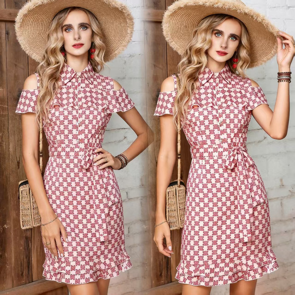 Pink Floral Short-Sleeve A-Line Midi Dress