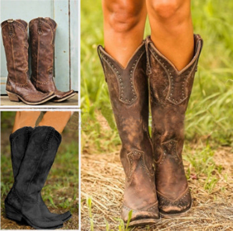 Women's low-heel tall boots with rivets