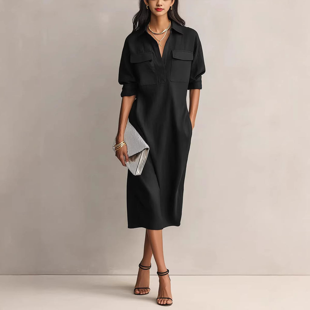 Shirt-Collar Short-Sleeve Midi Dress