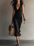 Black Deep V-Neck Sleeveless A-Line Maxi Dress