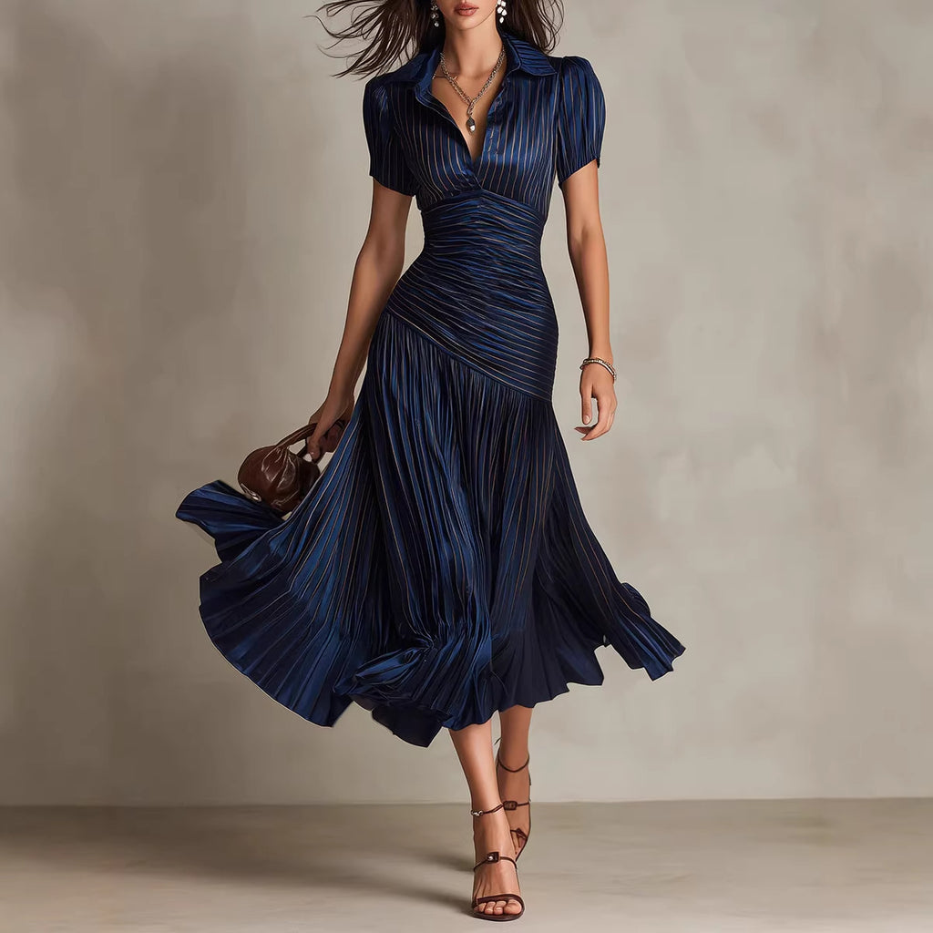 Striped Shirt-Collar Short-Sleeve Dress