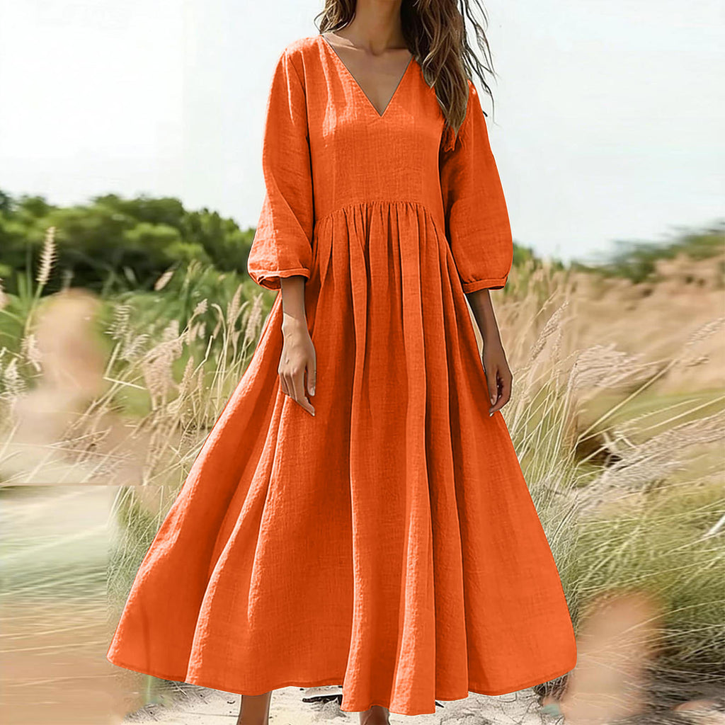 Deep V-Neck Cotton-Linen Three-Quarter Sleeve Maxi Dress