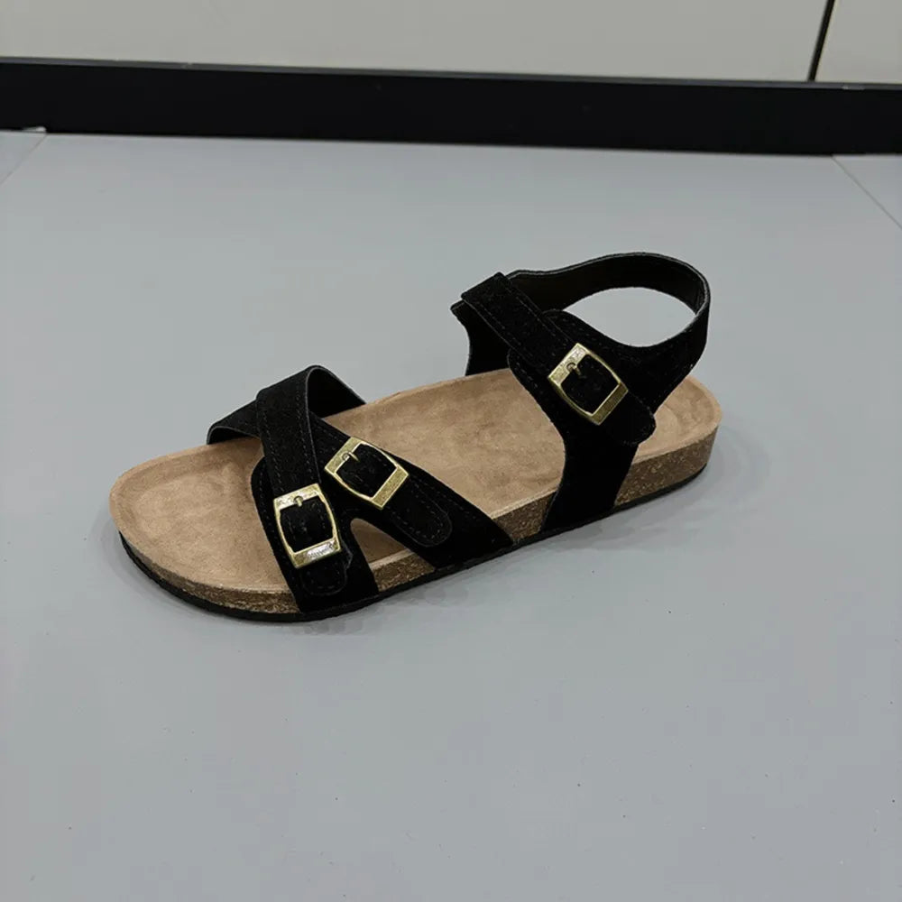Open-toe flat sandals in neutral color
