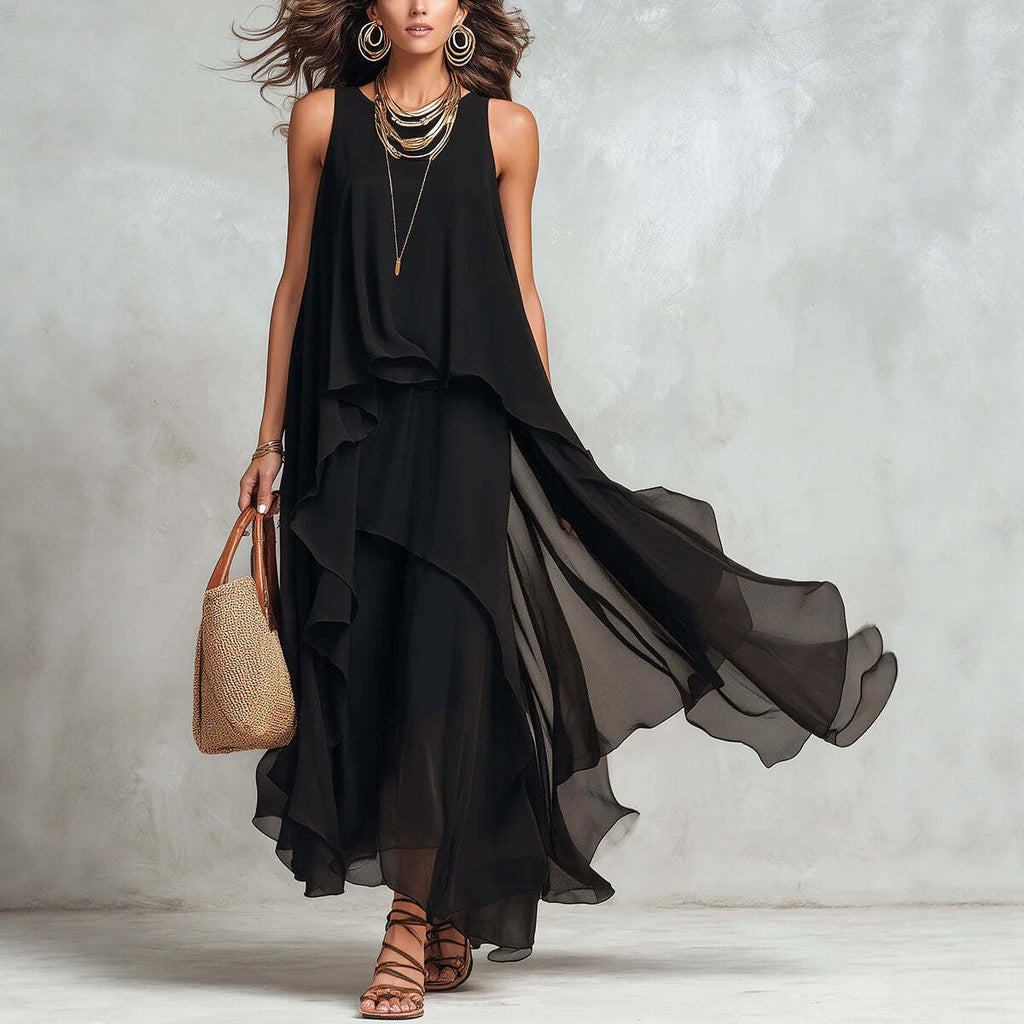 Black Sleeveless Chiffon A-Line Maxi Dress