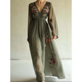 Green & Off-White Chiffon V-Neck Maxi Dress