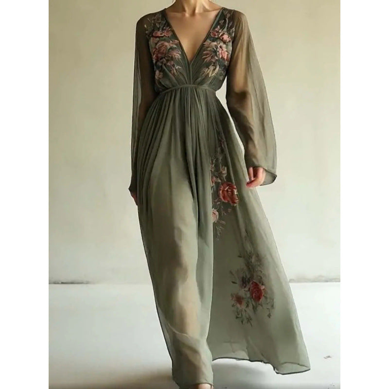 Green & Off-White Chiffon V-Neck Maxi Dress