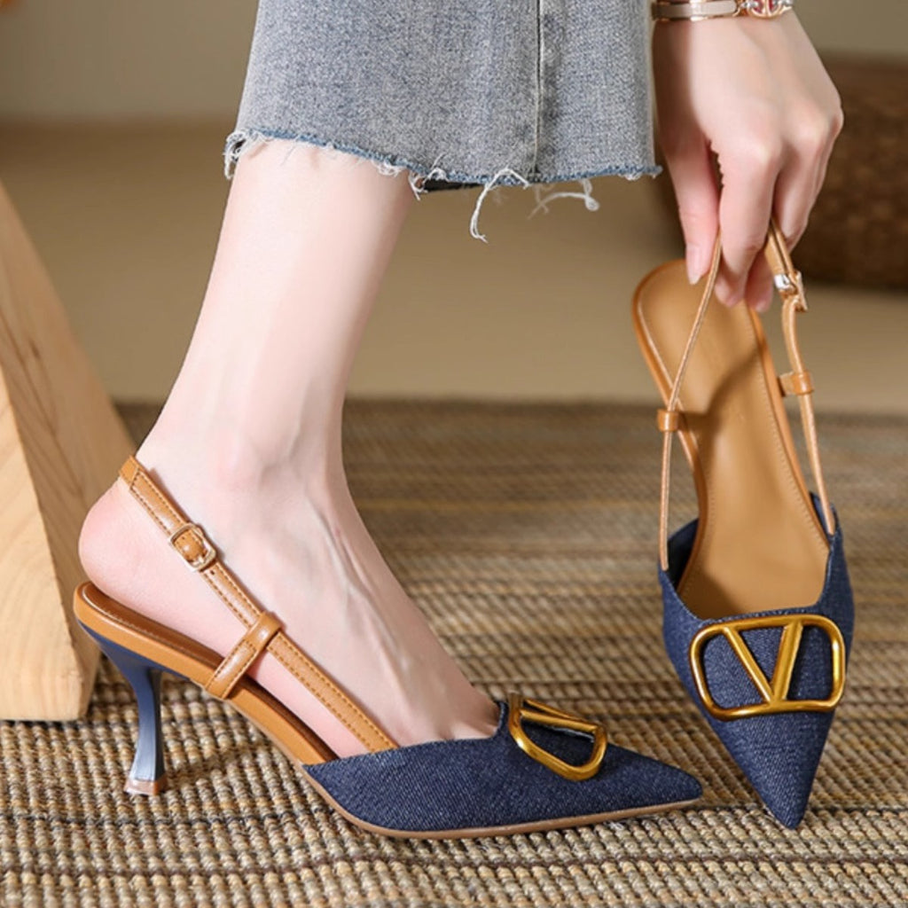 Women's blue denim-effect high-heel sandals