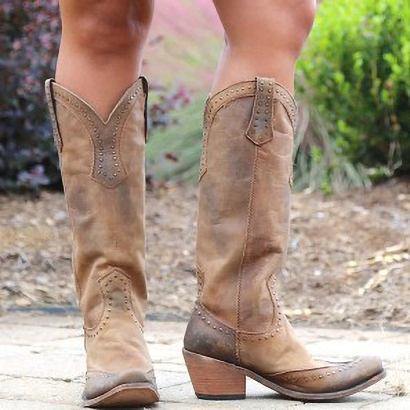 Rivet detail retro knee-high boots for women