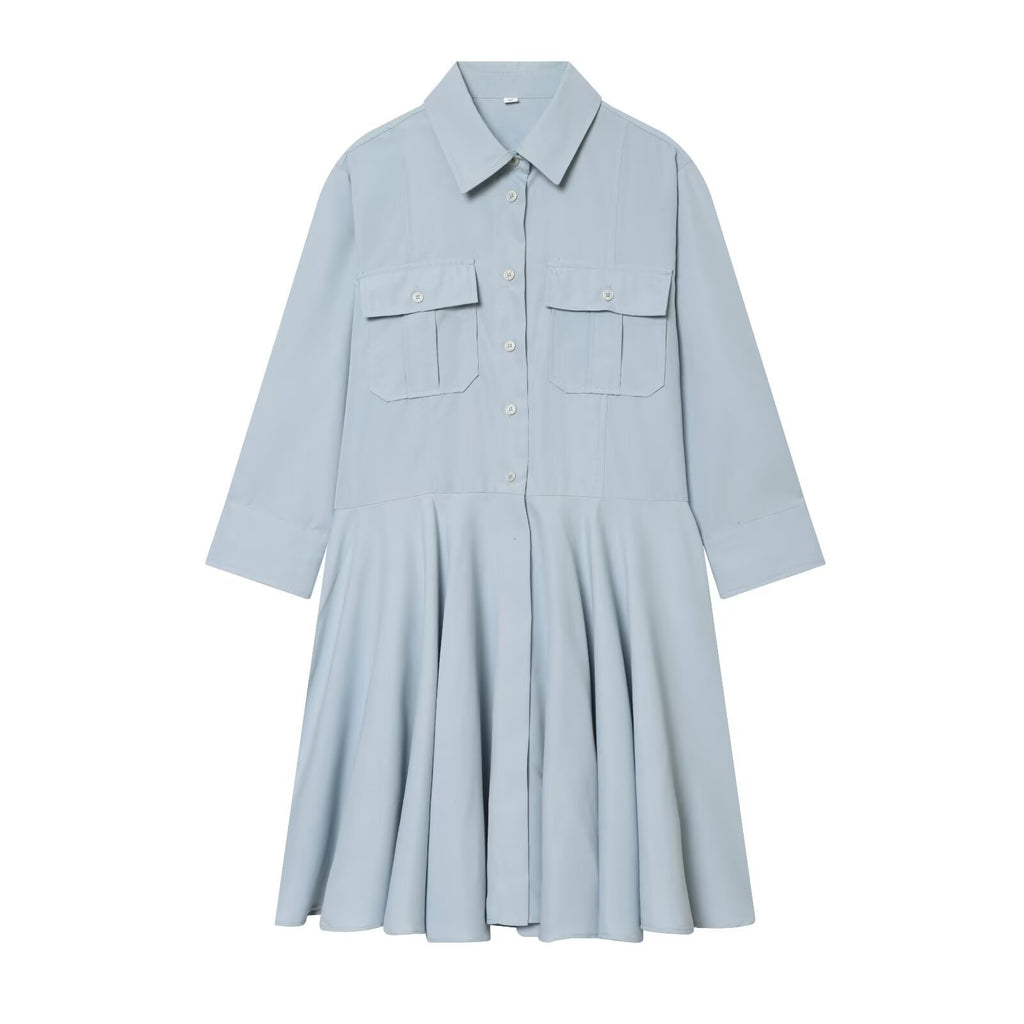 Light Blue Shirt-Collar Midi Dress