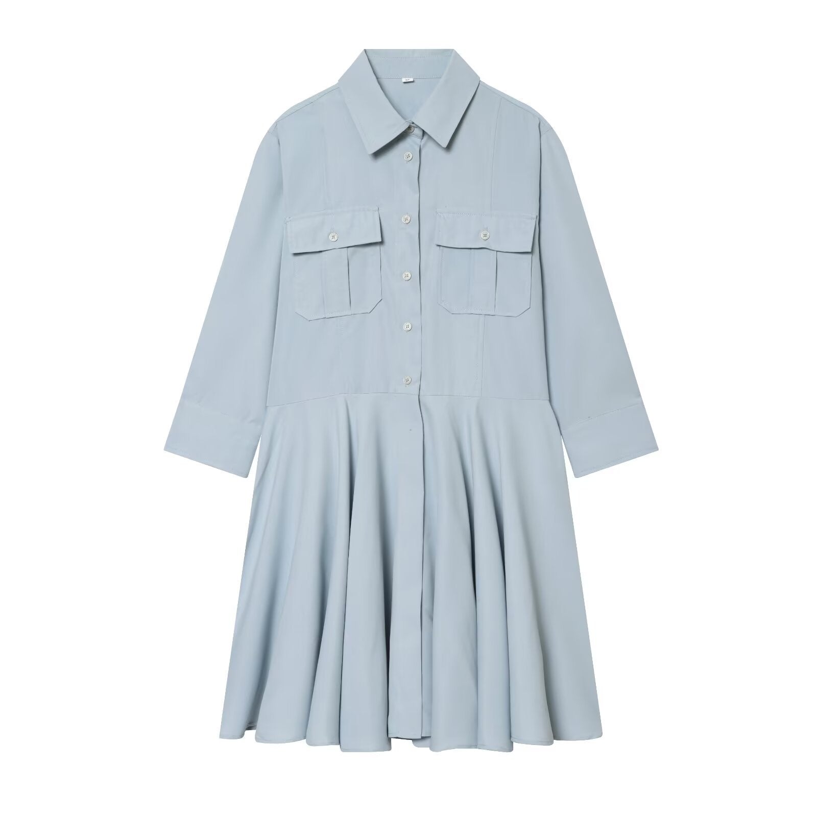 Light Blue Shirt-Collar Midi Dress
