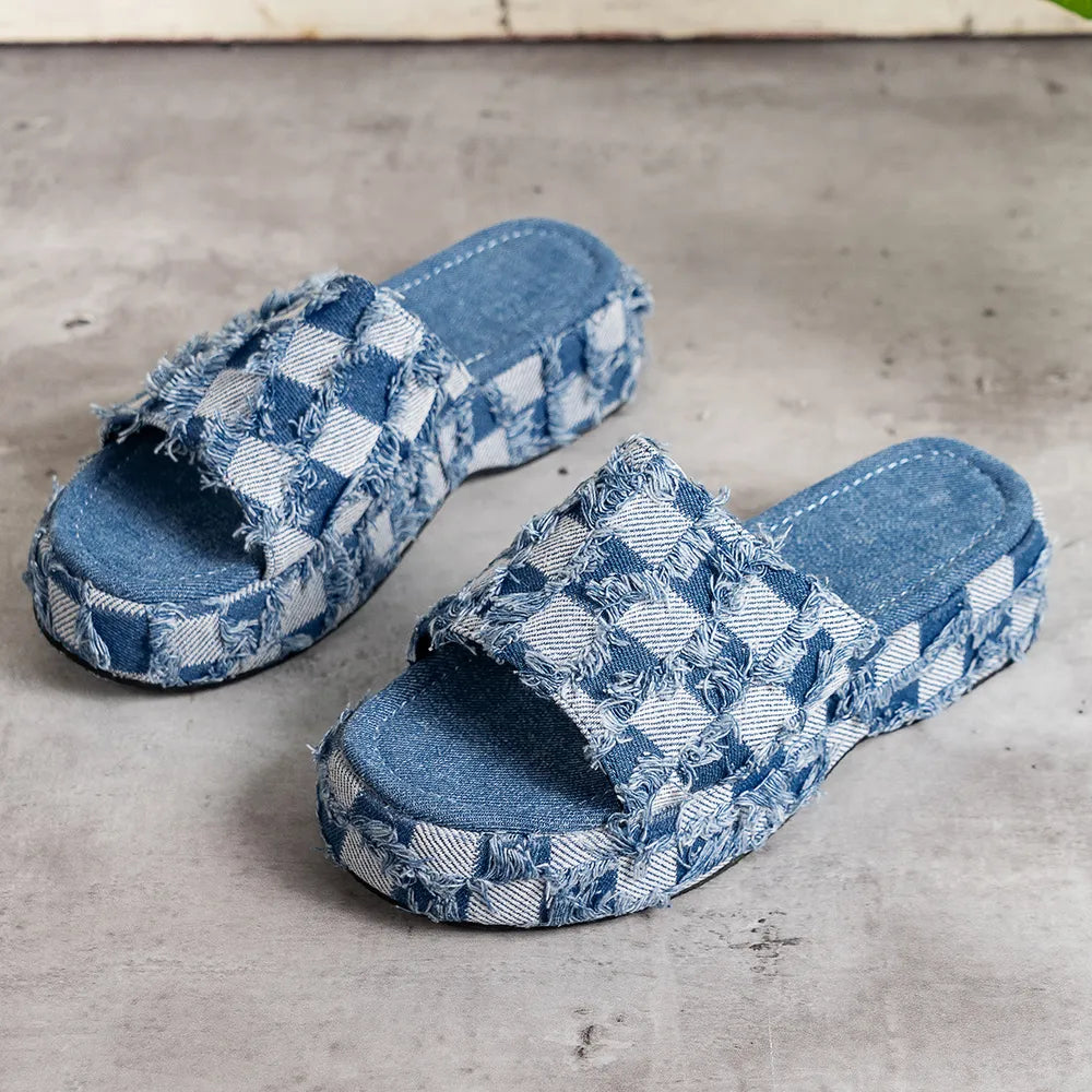 Open-toe plaid denim sandals