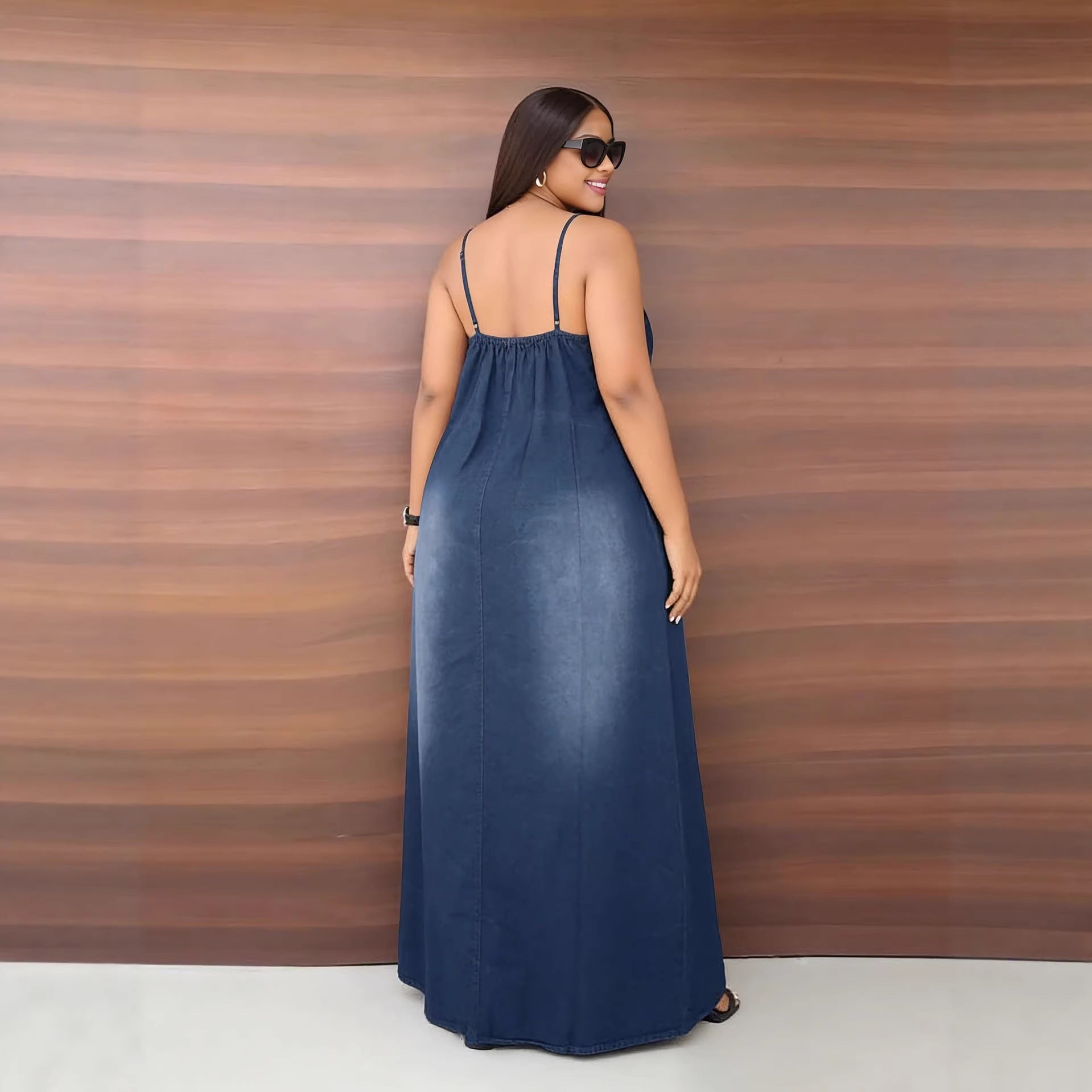 Cotton Denim Strap Maxi Dress with Pockets