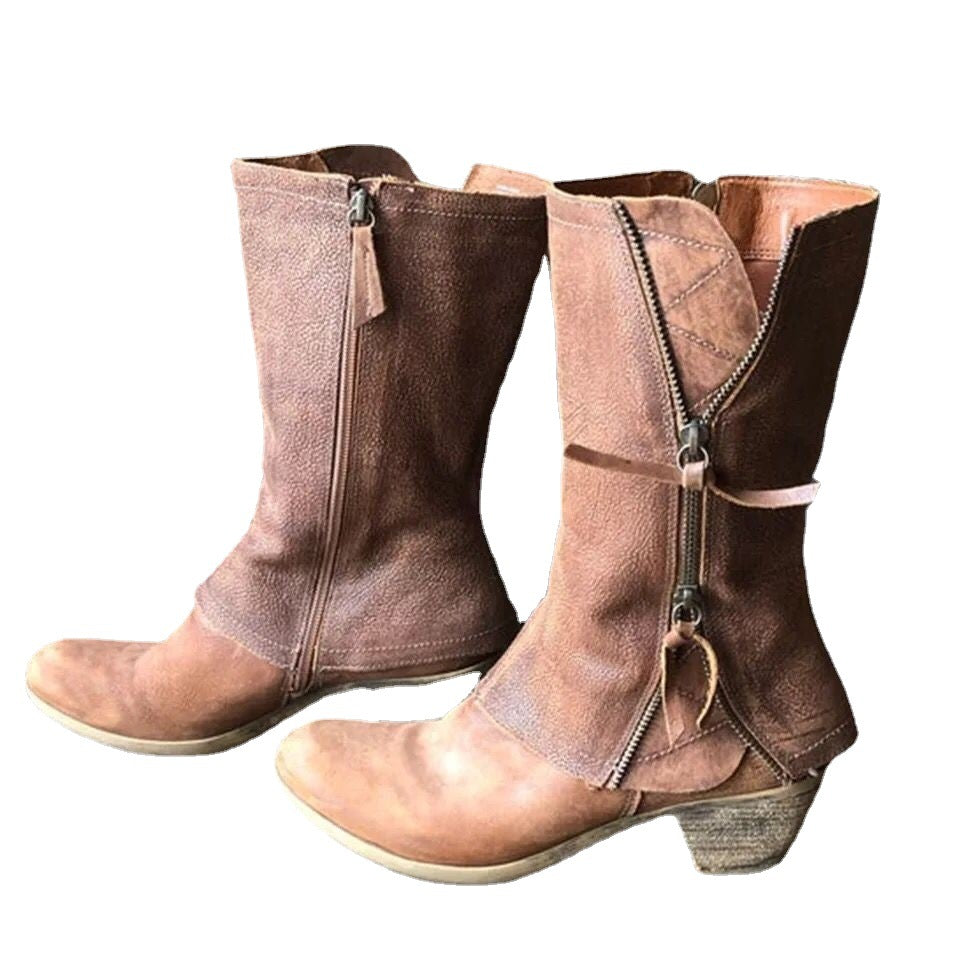 Retro side-zip mid-calf boots for women
