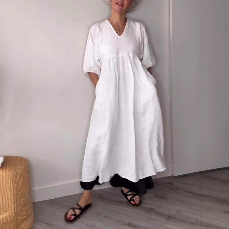V-Neck Cotton-Linen Three-Quarter Sleeve Maxi Dress