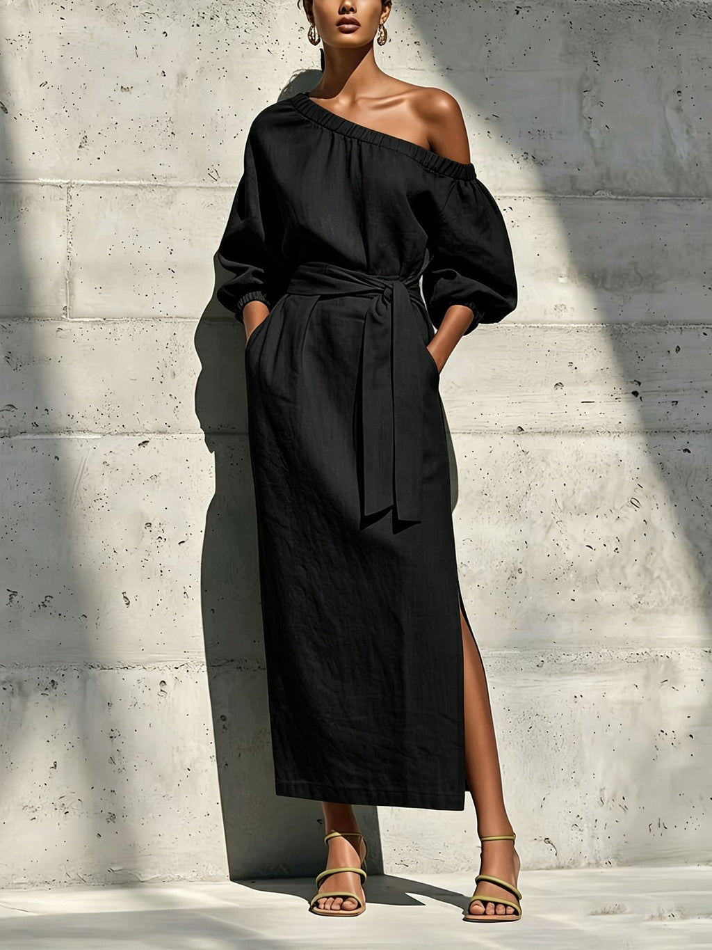 Asymmetric-Neck Long-Sleeve Maxi Dress