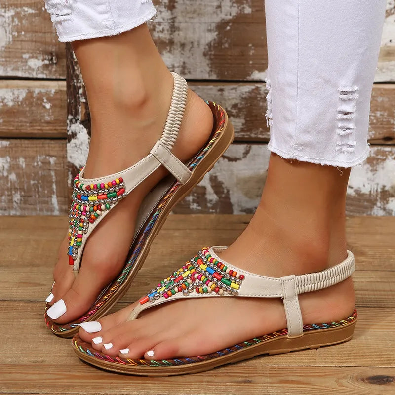 Beaded PU leather flat sandals for women