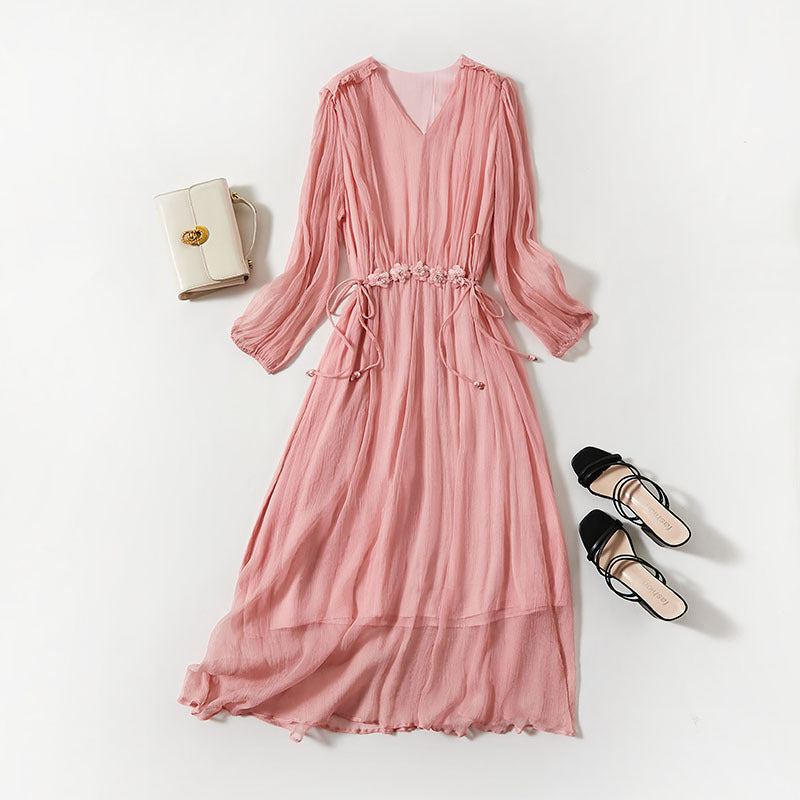 Silk V-Neck Long-Sleeve Maxi Dress
