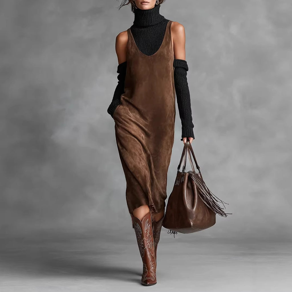 Brown Long-Sleeve Shirt-Collar Dress