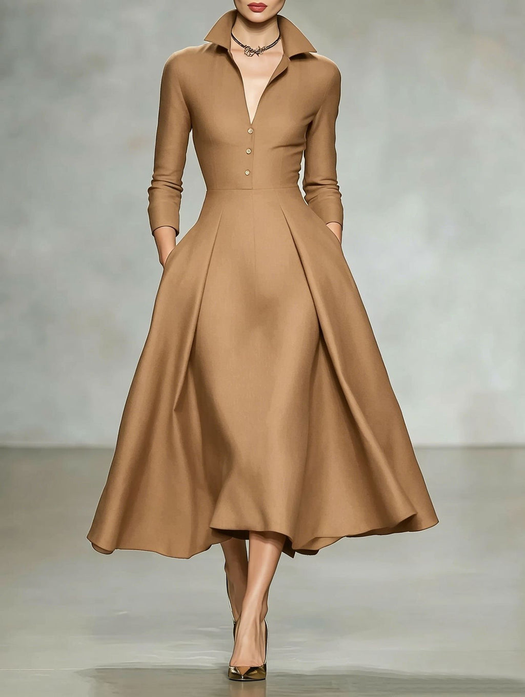 Small-Collar Long-Sleeve Midi Dress
