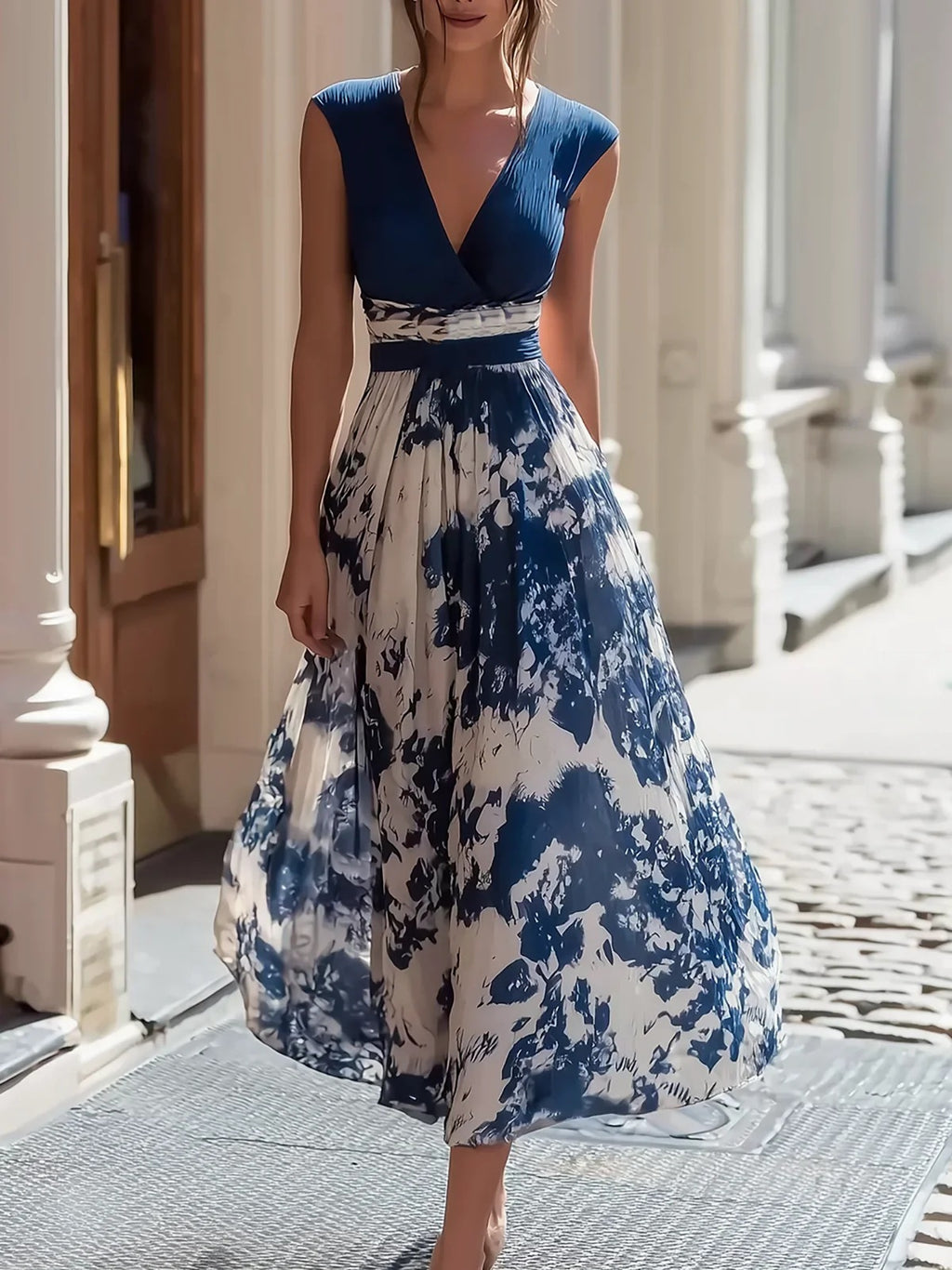 Deep V-Neck Sleeveless Printed Irregular-Hem Dress