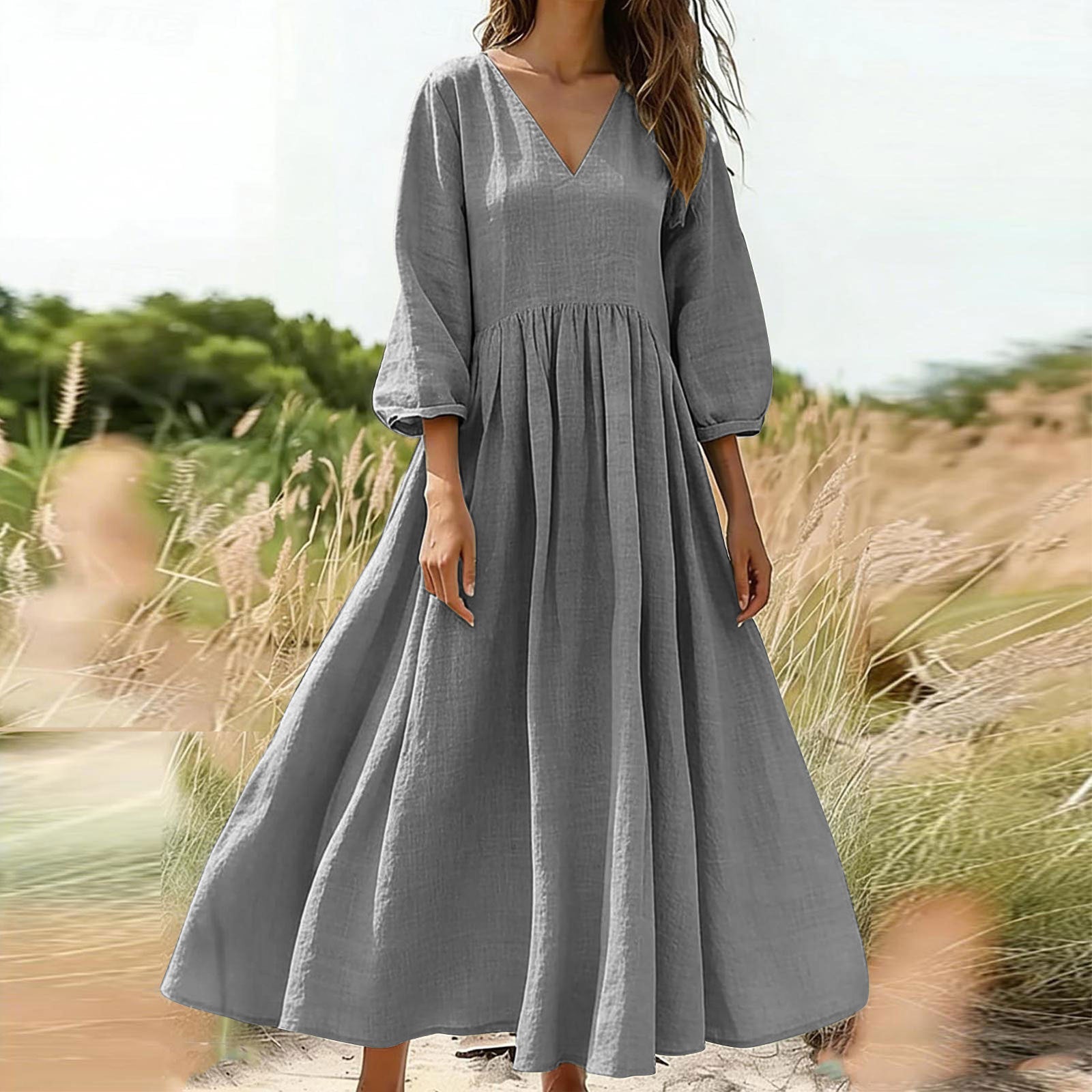 Deep V-Neck Cotton-Linen Three-Quarter Sleeve Maxi Dress