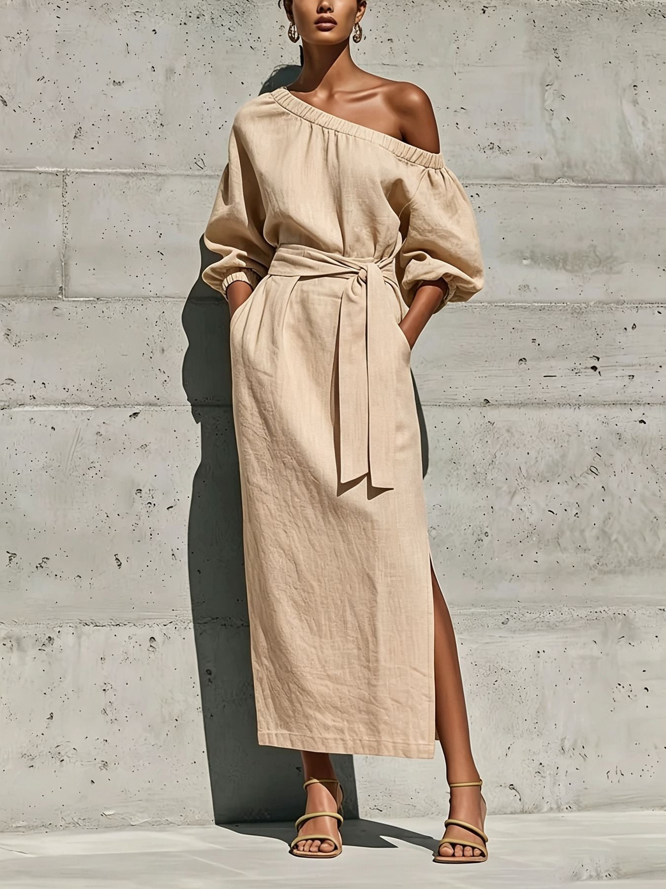 Asymmetric-Neck Long-Sleeve Maxi Dress