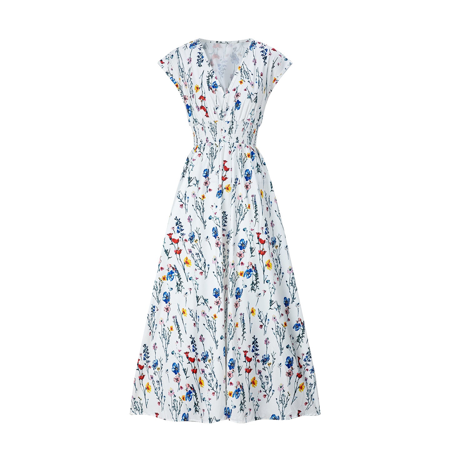 White Floral V-Neck Lace-Up Maxi Dress
