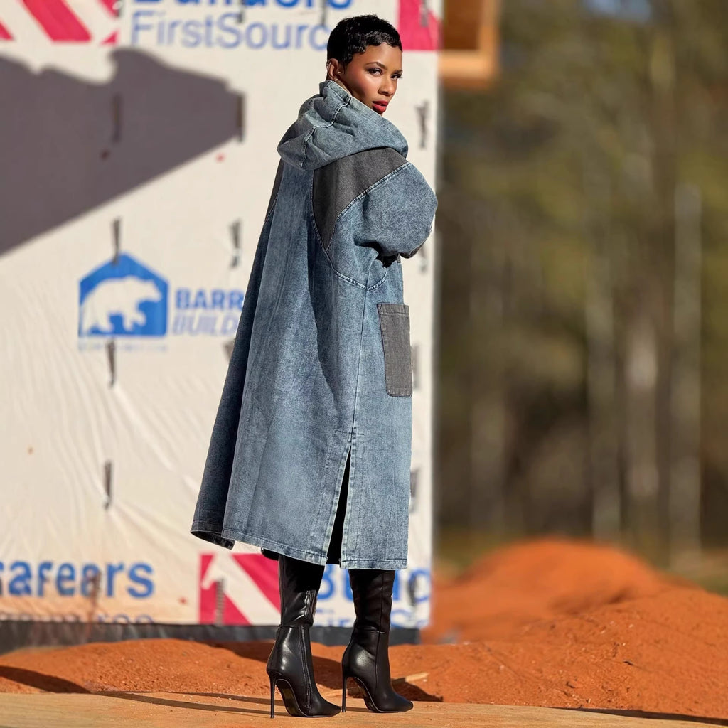 Blue Hooded Long-Sleeve Denim Midi Dress
