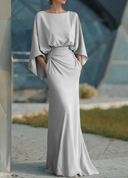 Silver Round-Neck Batwing-Sleeve Mermaid Maxi Dress