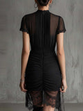 Black Stand-Collar Short-Sleeve Midi Dress