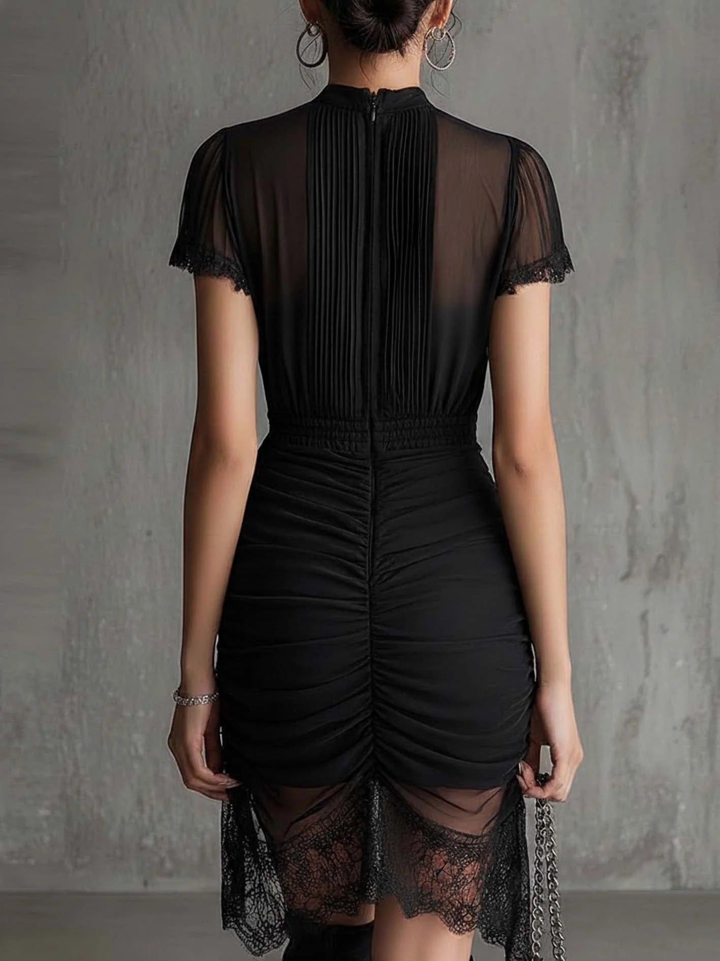 Black Stand-Collar Short-Sleeve Midi Dress