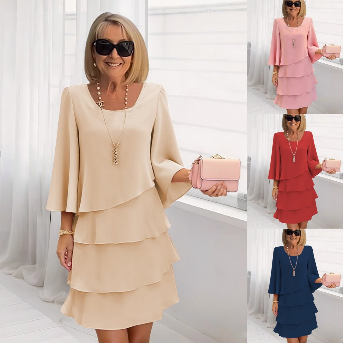 Relaxed Round-Neck Three-Quarter Sleeve Dress