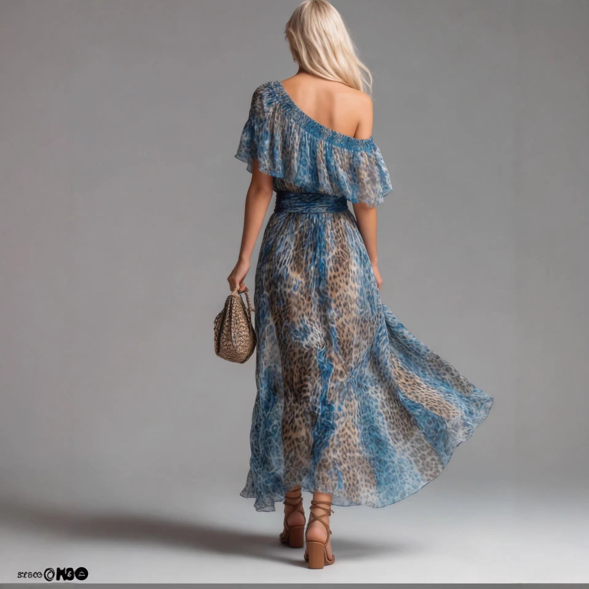 Peacock Blue Asymmetric-Neck Maxi Dress