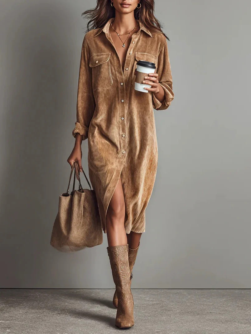 Corduroy Polo-Collar Long-Sleeve Midi Dress