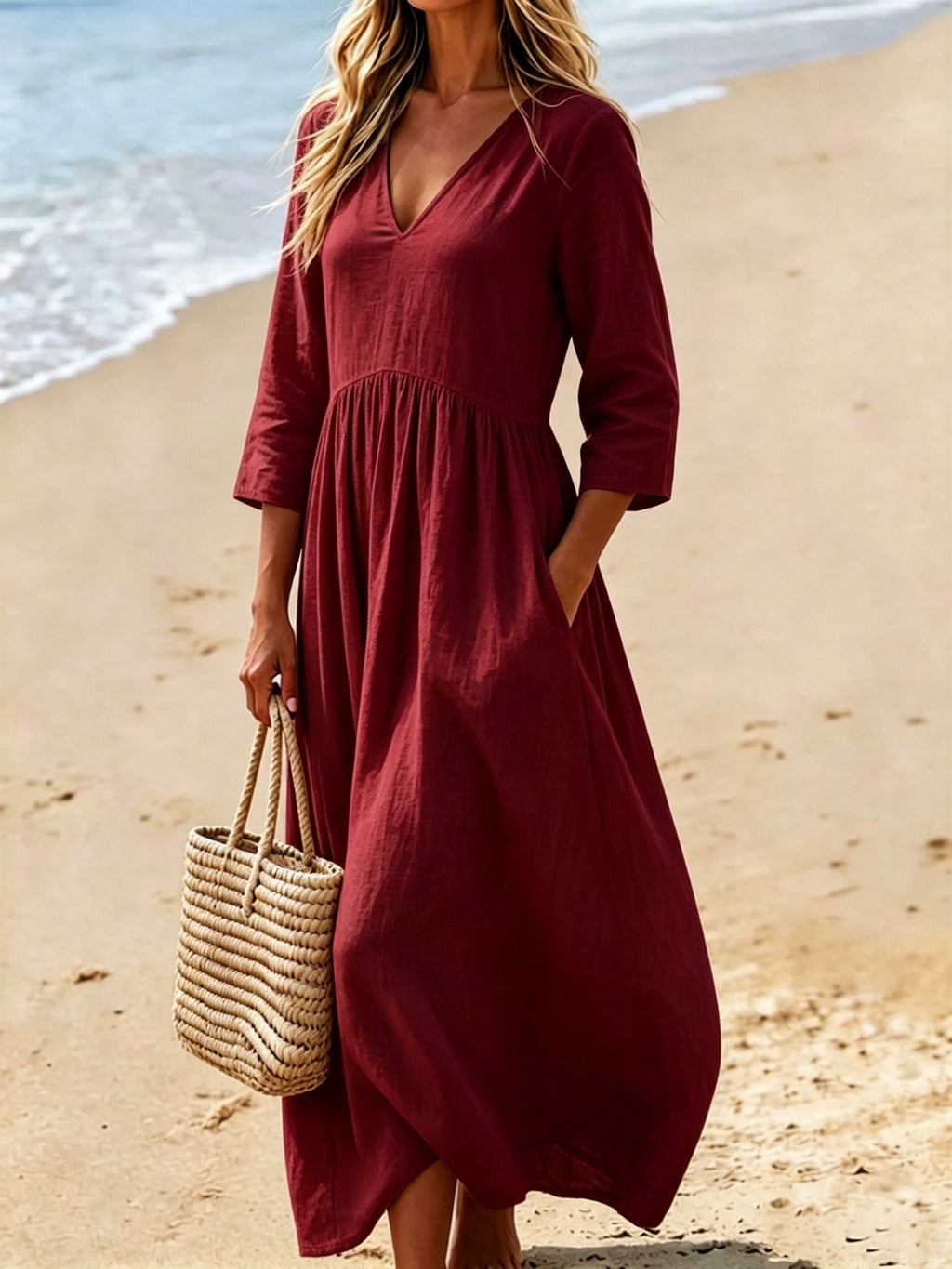 Deep V-Neck Three-Quarter Sleeve Maxi Dress