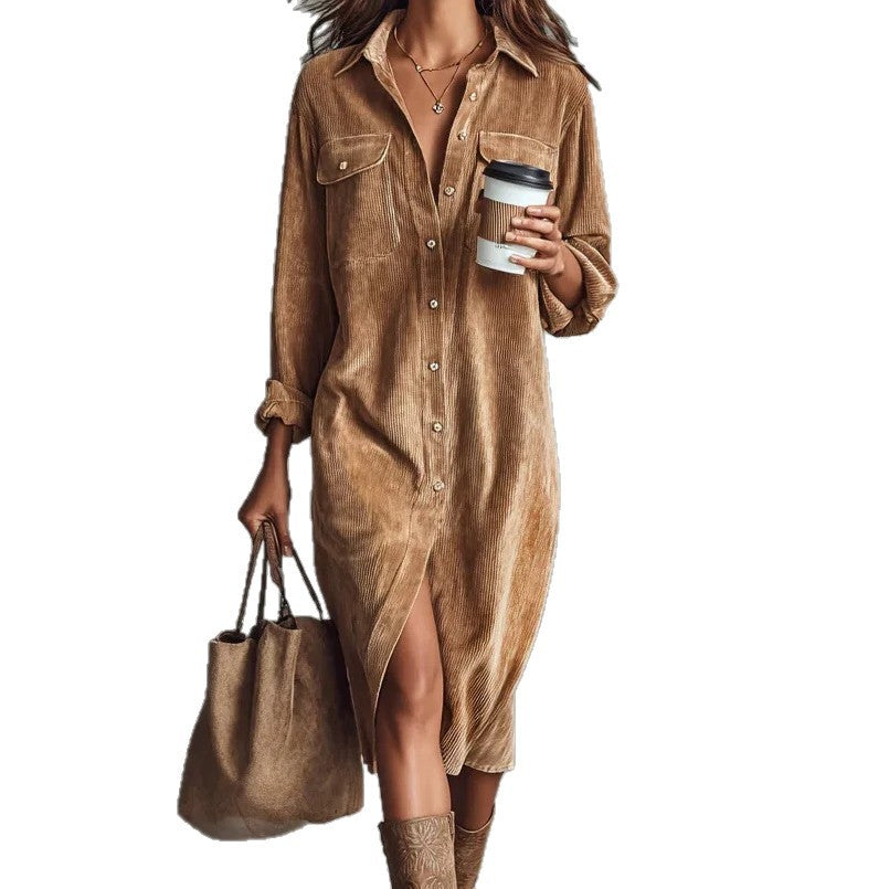 Corduroy Polo-Collar Long-Sleeve Midi Dress