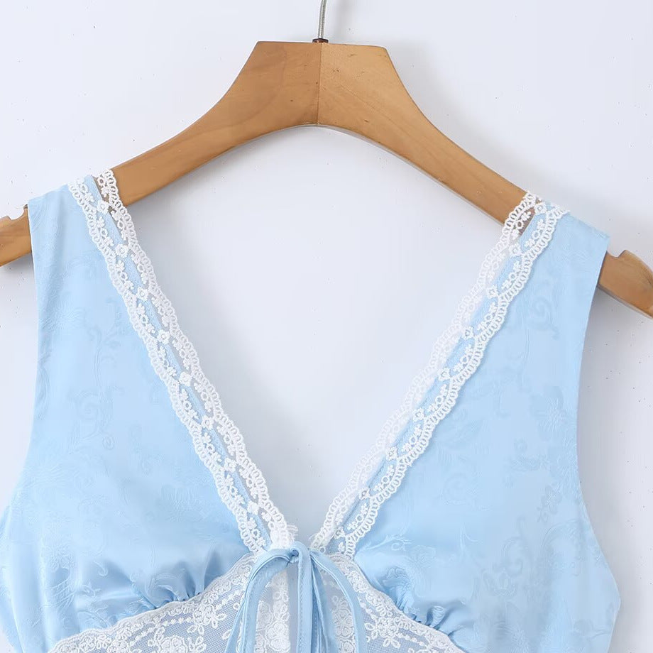 Light Blue Lace-Panel V-Neck Mini Dress