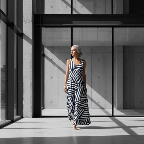 Architectural Monochrome Maxi Dress | Navy Geometric Resort Dress