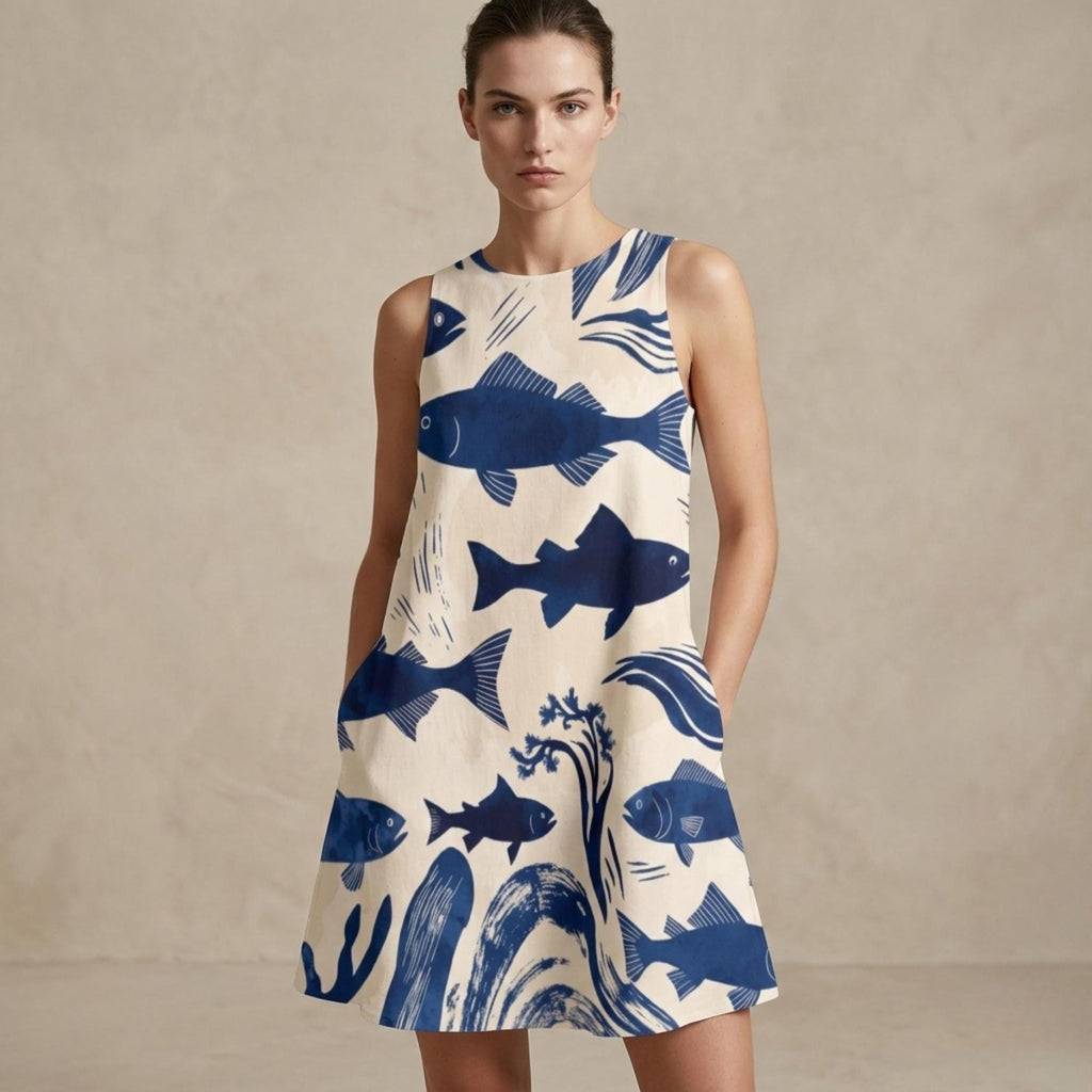 Indigo Fish A-Line Dress | Coastal Pocket Summer Dress