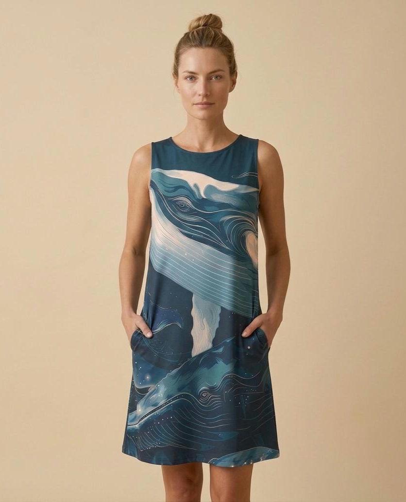 Whale Art A-Line Dress | Coastal Sleeveless Pocket Dress