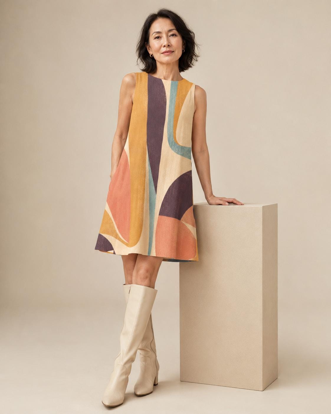 Abstract A-Line Mini Dress | Retro Resort Pocket Dress